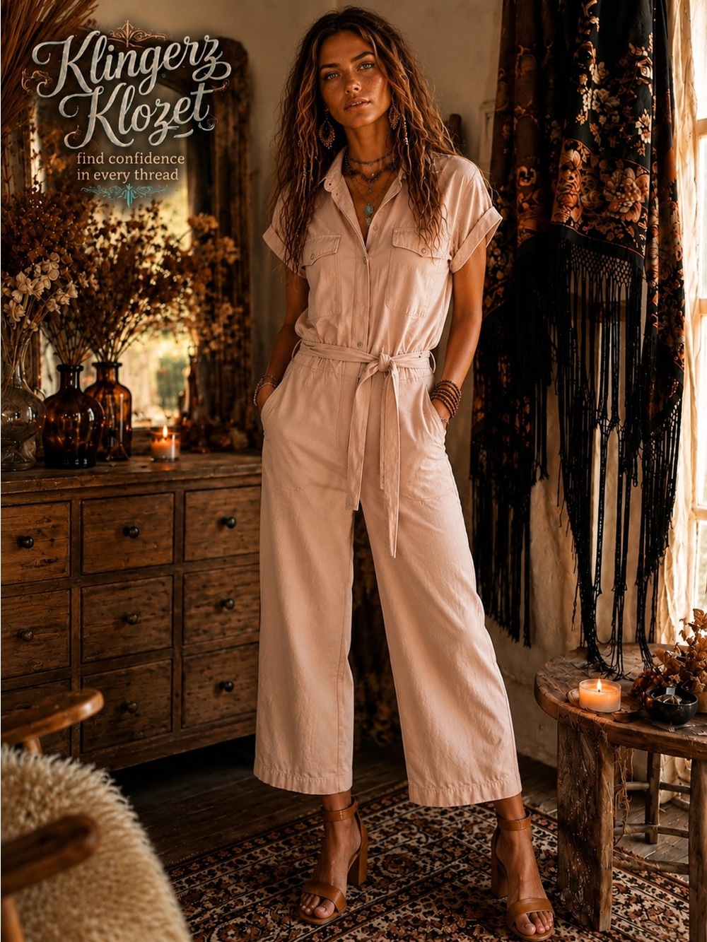 Nine West Neutral Beige Tie-Waist Utility Jumpsuit